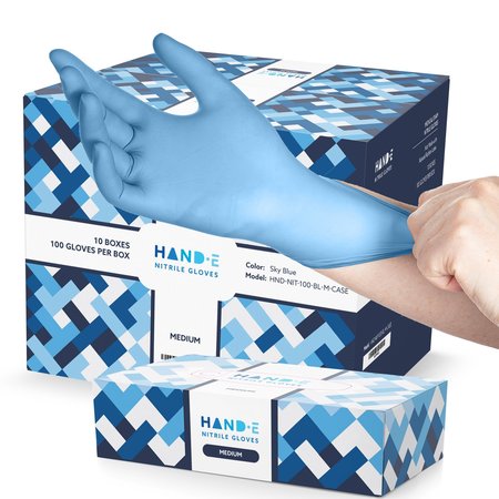 Hand-E Nitrile Disposable Gloves, 3 mil Palm, Nitrile, Powder-Free, M, 10 PK, Blue HND-82726